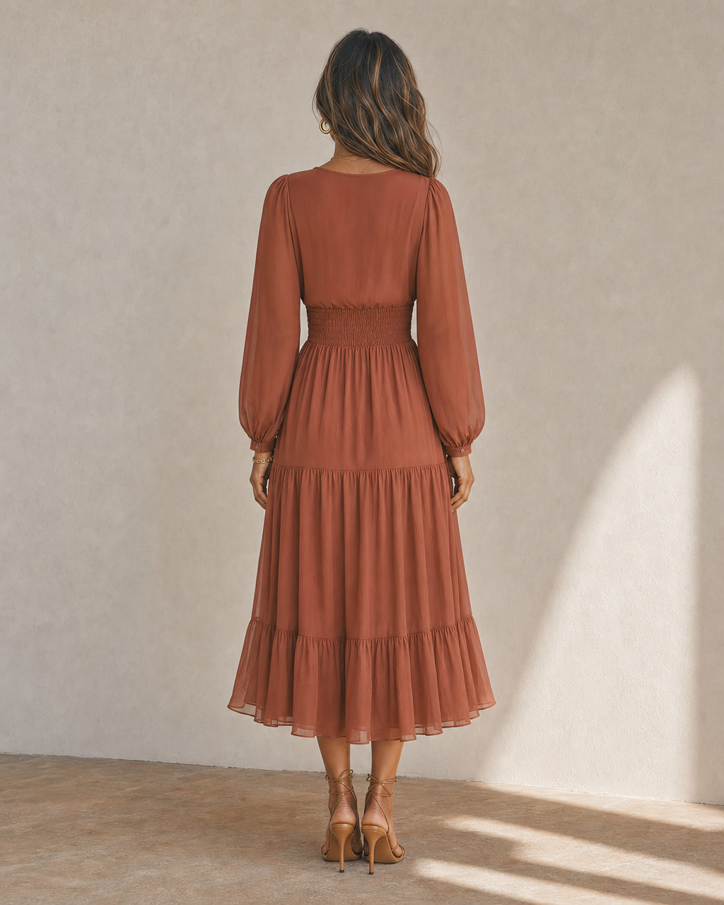 Boho Terracotta Chiffon Midi Dress Balloon Long Sleeve Smocked Waist Tiered Ruffle Vacation Dress MVA000680AA