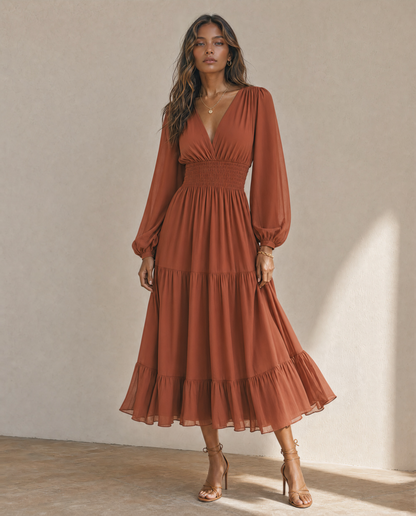 Boho Terracotta Chiffon Midi Dress Balloon Long Sleeve Smocked Waist Tiered Ruffle Vacation Dress MVA000680AA
