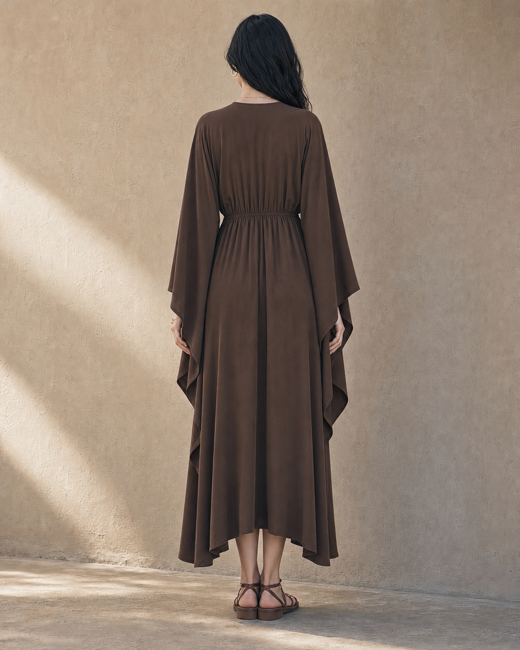 Chocolate Brown Flare Sleeve Tassel Drawstring Midi Kaftan Dress MVA000710AA