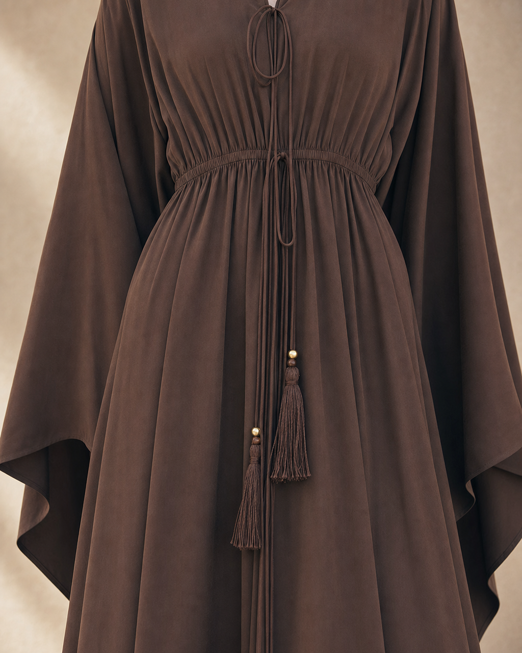 Chocolate Brown Flare Sleeve Tassel Drawstring Midi Kaftan Dress MVA000710AA