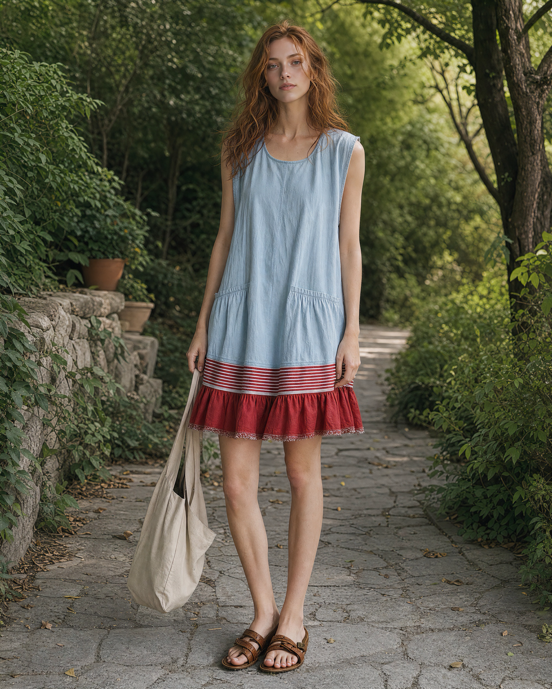 Light Blue Sleeveless Tunic Dress With Red Stripe And Ruffled Hem MVA000720AA