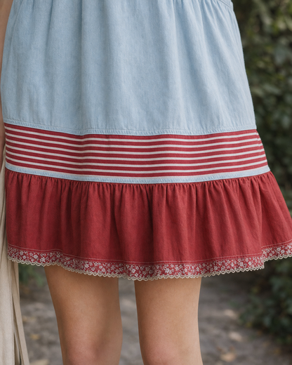 Light Blue Sleeveless Tunic Dress With Red Stripe And Ruffled Hem MVA000720AA