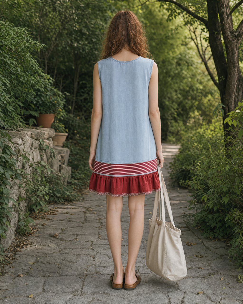 Light Blue Sleeveless Tunic Dress With Red Stripe And Ruffled Hem MVA000720AA