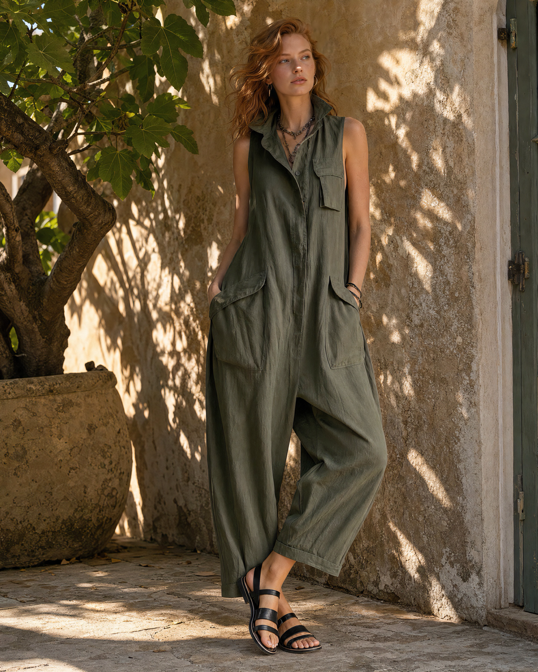 Sleeveless Linen Utility Jumpsuit Olive Green Oversized Pocket Loose Wide Leg Workwear Jumpsuit MVA000740AA