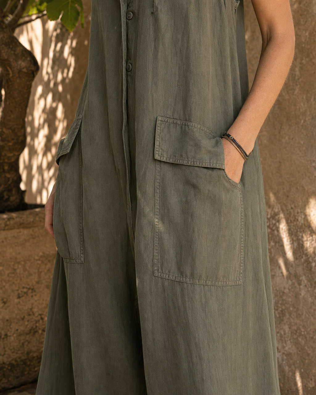 Sleeveless Linen Utility Jumpsuit Olive Green Oversized Pocket Loose Wide Leg Workwear Jumpsuit MVA000740AA