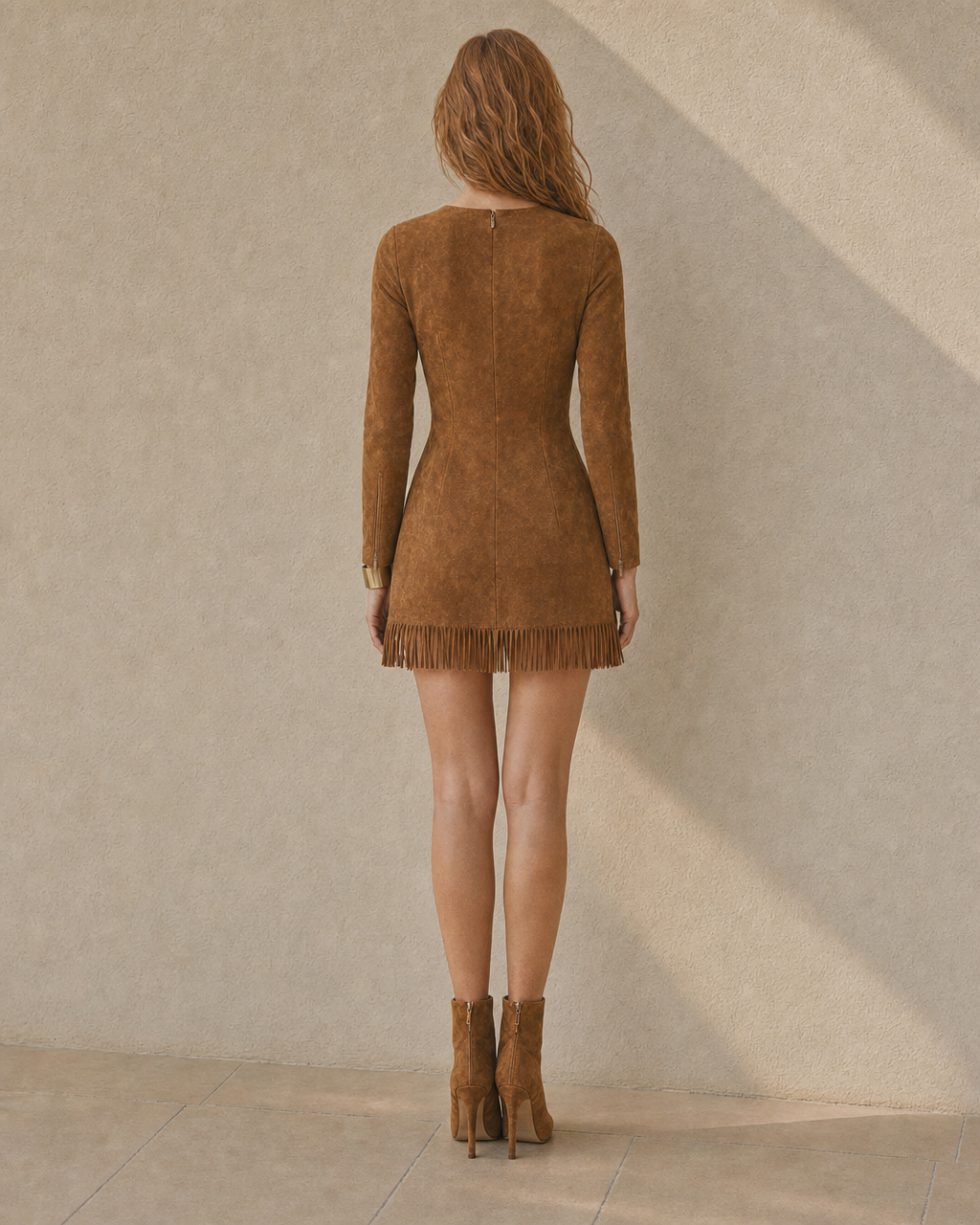 Boho Caramel Suede Fringe Mini Dress Long Sleeve Round Neck Bodycon Western Cowgirl Vacation Short Dress MVA000750AA