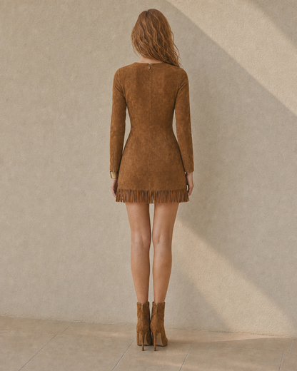 Boho Caramel Suede Fringe Mini Dress Long Sleeve Round Neck Bodycon Western Cowgirl Vacation Short Dress MVA000750AA