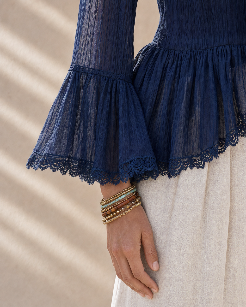 Boho Navy Ruffle Bell Sleeve Blouse Linen Wide Leg Pants Two Piece Matching Set MVA000770AA