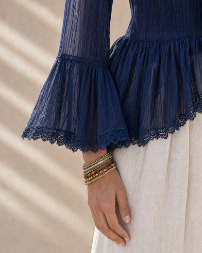 Boho Navy Ruffle Bell Sleeve Blouse Linen Wide Leg Pants Two Piece Matching Set MVA000770AA