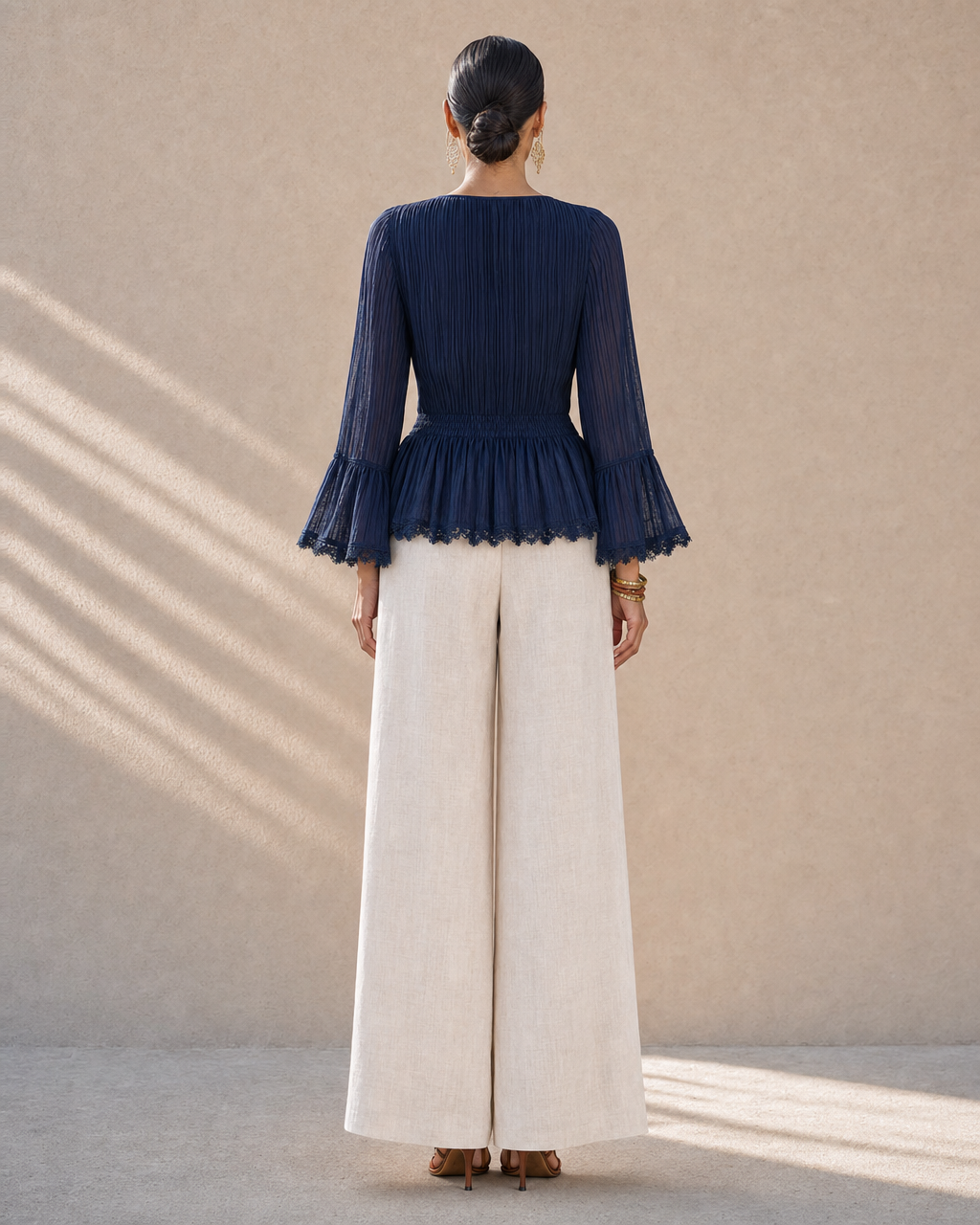 Boho Navy Ruffle Bell Sleeve Blouse Linen Wide Leg Pants Two Piece Matching Set MVA000770AA