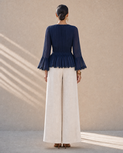 Boho Navy Ruffle Bell Sleeve Blouse Linen Wide Leg Pants Two Piece Matching Set MVA000770AA