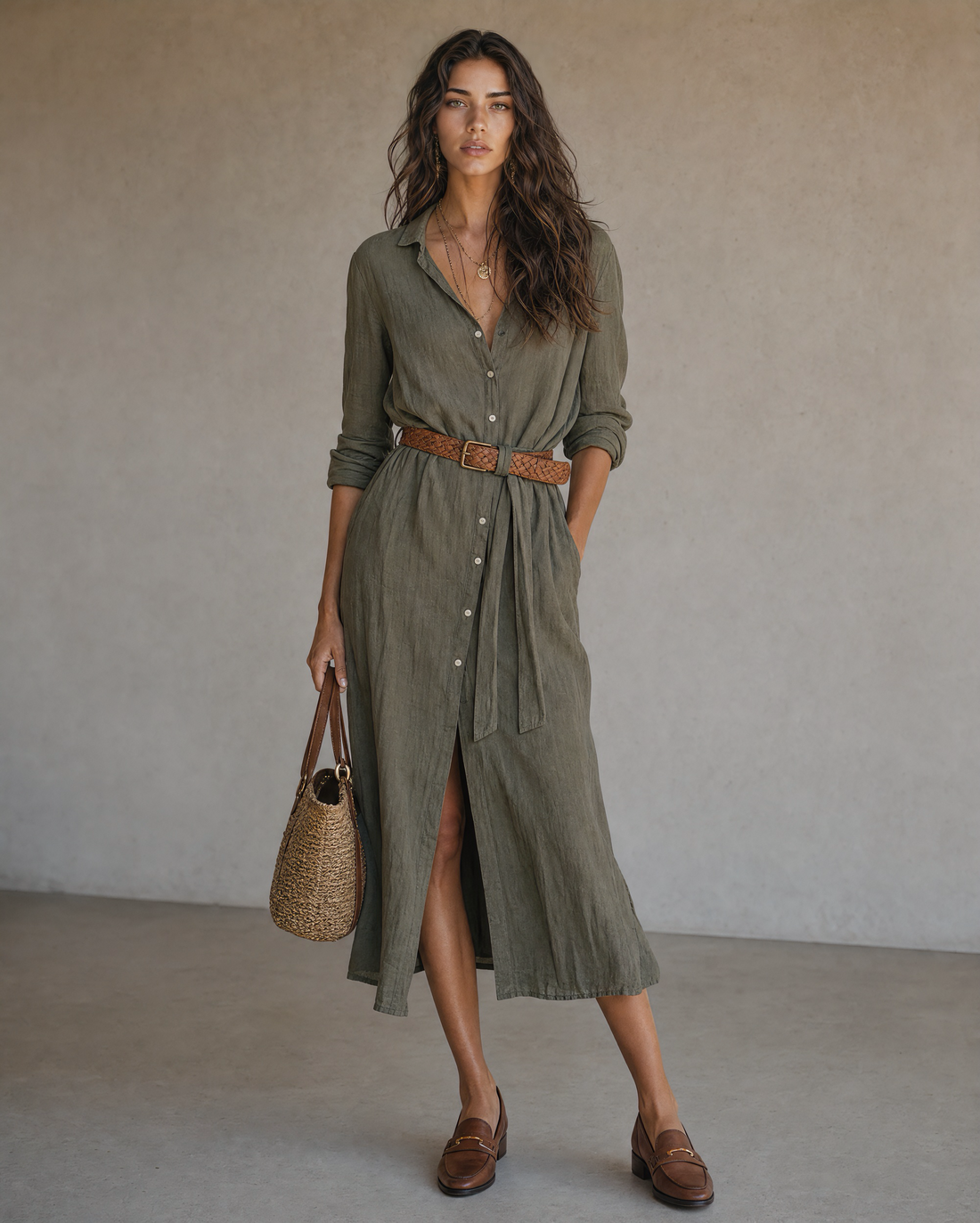 Boho Sage Green Linen Button Down Midi Shirt Dress With Waist Belt MVA000780AA