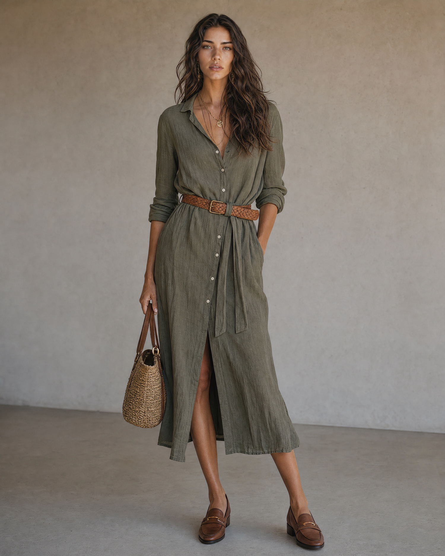 Boho Sage Green Linen Button Down Midi Shirt Dress With Waist Belt MVA000780AA