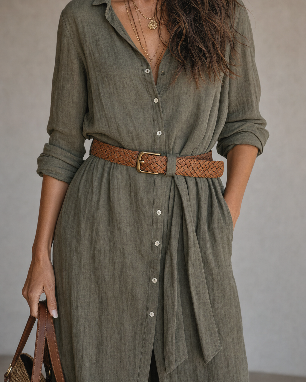 Boho Sage Green Linen Button Down Midi Shirt Dress With Waist Belt MVA000780AA