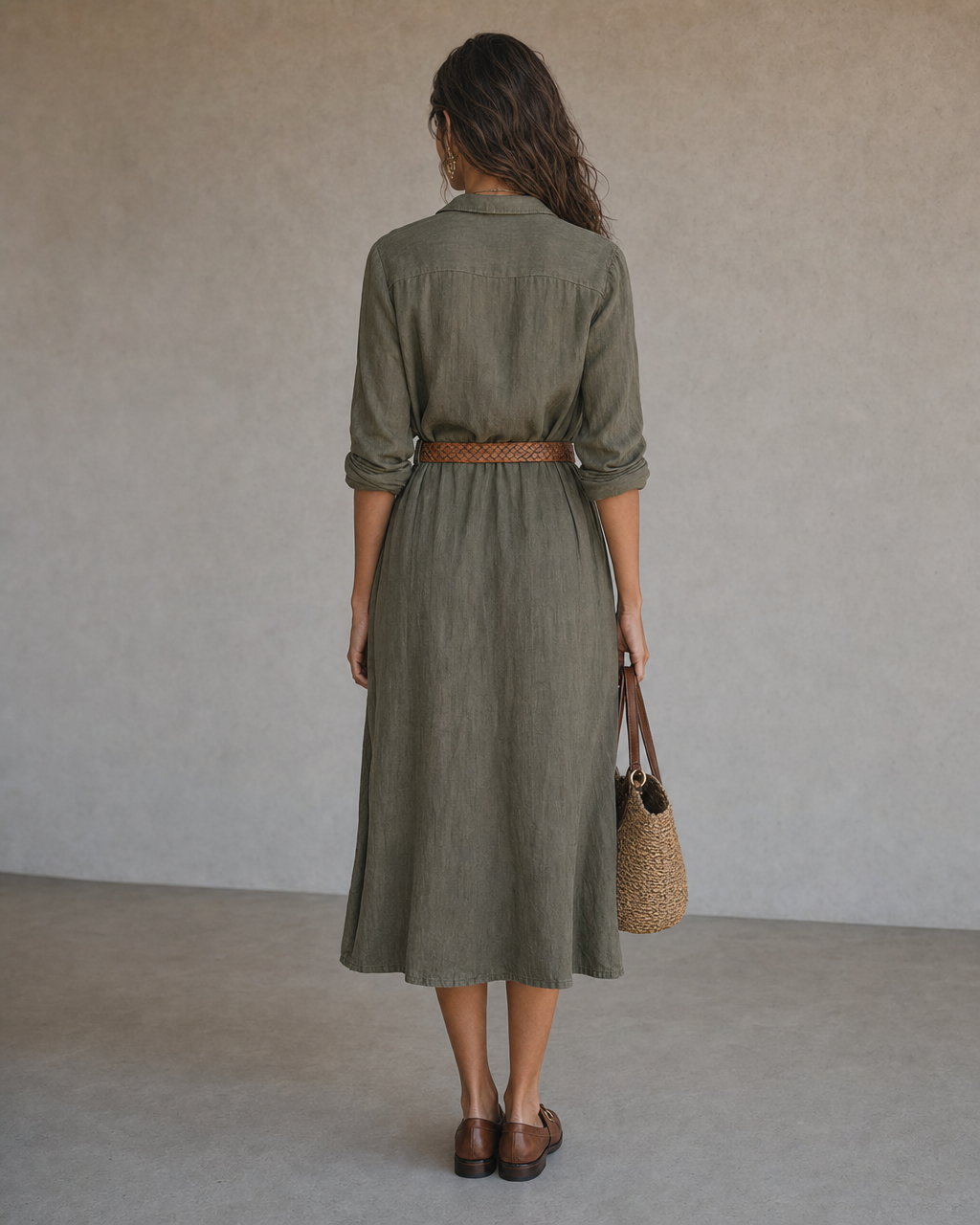 Boho Sage Green Linen Button Down Midi Shirt Dress With Waist Belt MVA000780AA