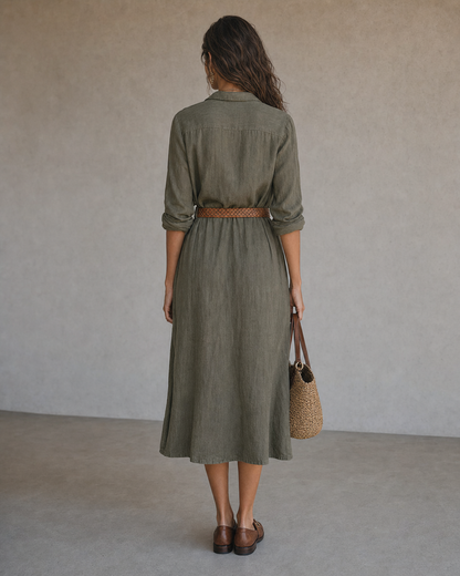 Boho Sage Green Linen Button Down Midi Shirt Dress With Waist Belt MVA000780AA