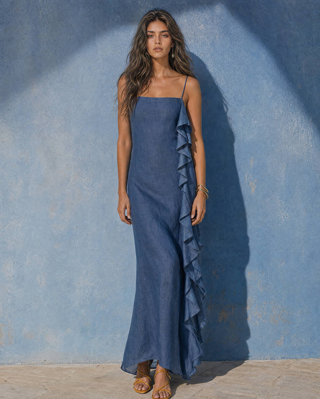 Boho Navy Washed Linen Spaghetti Strap Side Ruffle Mermaid Maxi Slip Dress MVA000790AA