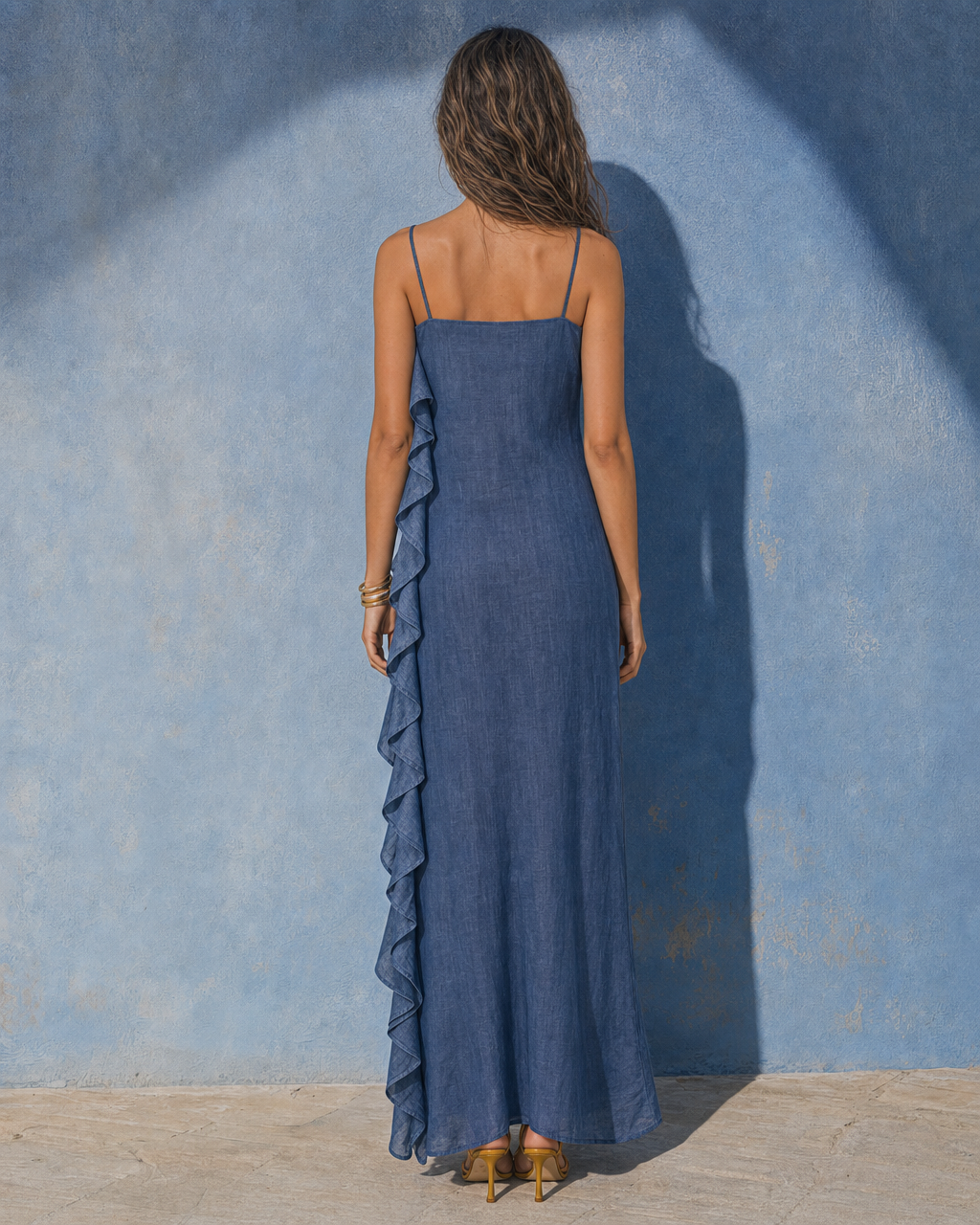 Boho Navy Washed Linen Spaghetti Strap Side Ruffle Mermaid Maxi Slip Dress MVA000790AA