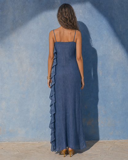 Boho Navy Washed Linen Spaghetti Strap Side Ruffle Mermaid Maxi Slip Dress MVA000790AA