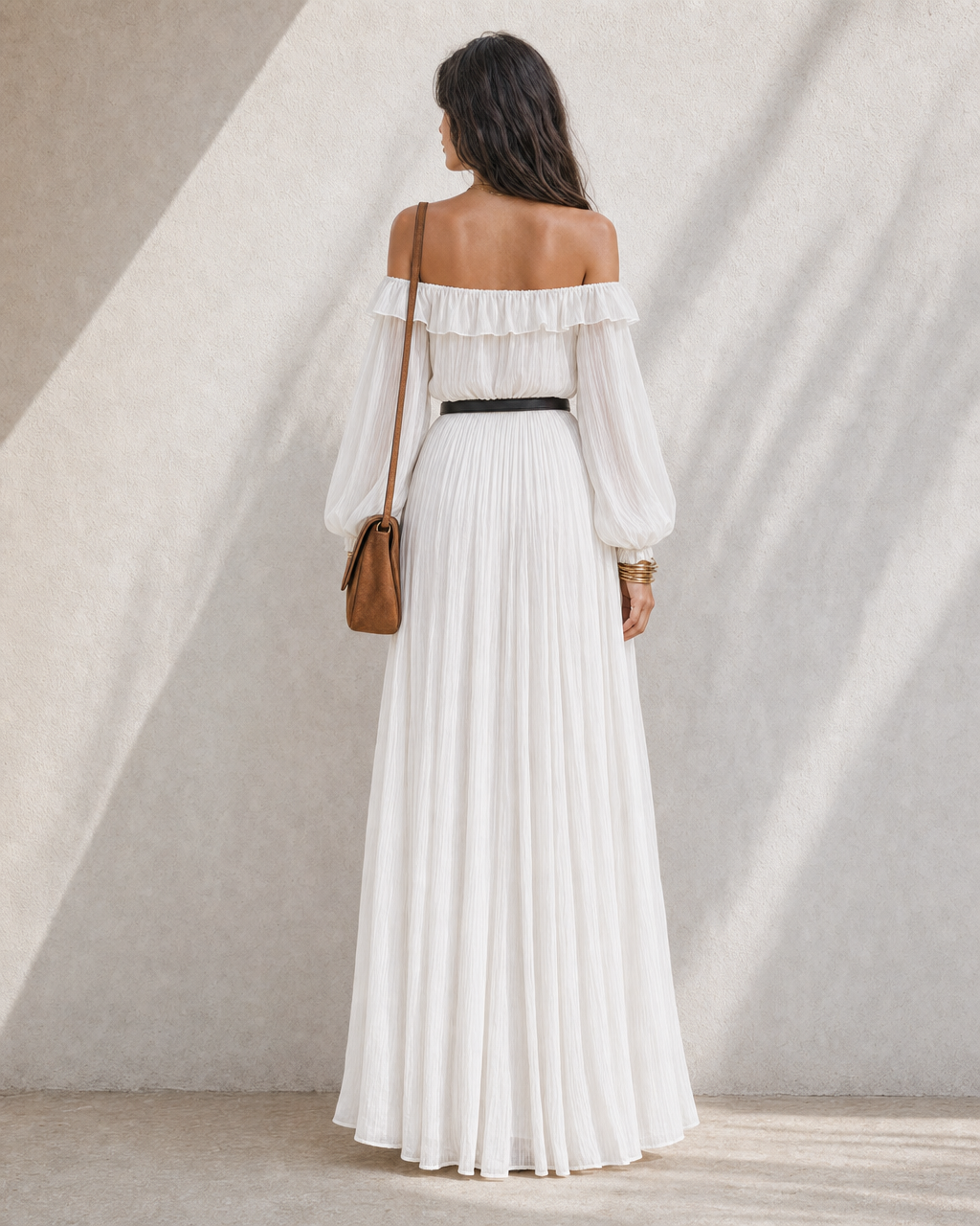 Boho Off Shoulder Ruffle Puff Sleeve Split Chiffon Maxi Dress MVA000800AA