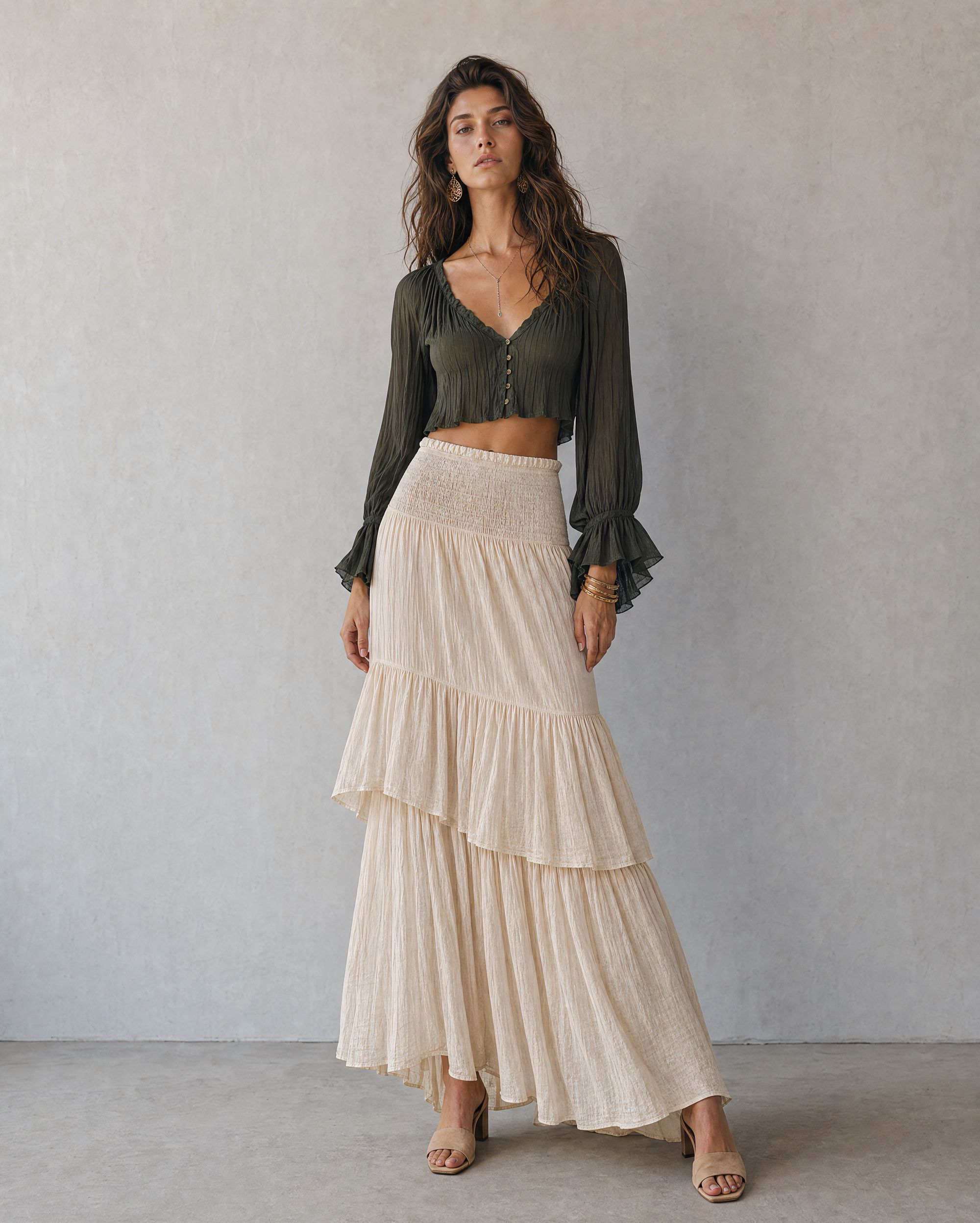 Boho V Neck Ruffle Chiffon Crop Top Smocked Tiered Asymmetrical Maxi Skirt Two Piece Set Olive Cream MVA000810AA