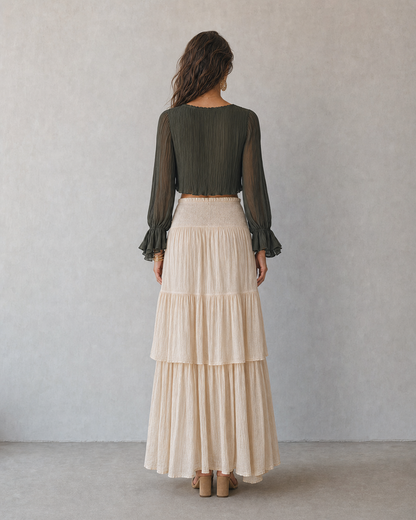 Casual Olive And Cream Crinkled Woven Ruffle V-neck Long-sleeve Two-piece Skirt Set MVA000810AA