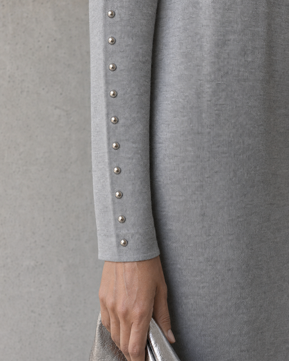 Boho V Neck Pearl Sleeve Split Knit Midi Dress Grey Slim Elegant Work Dress MVA000820AA
