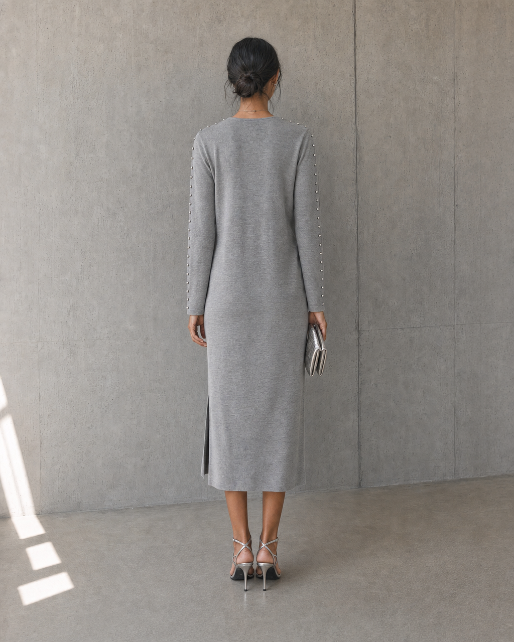 Boho V Neck Pearl Sleeve Split Knit Midi Dress Grey Slim Elegant Work Dress MVA000820AA