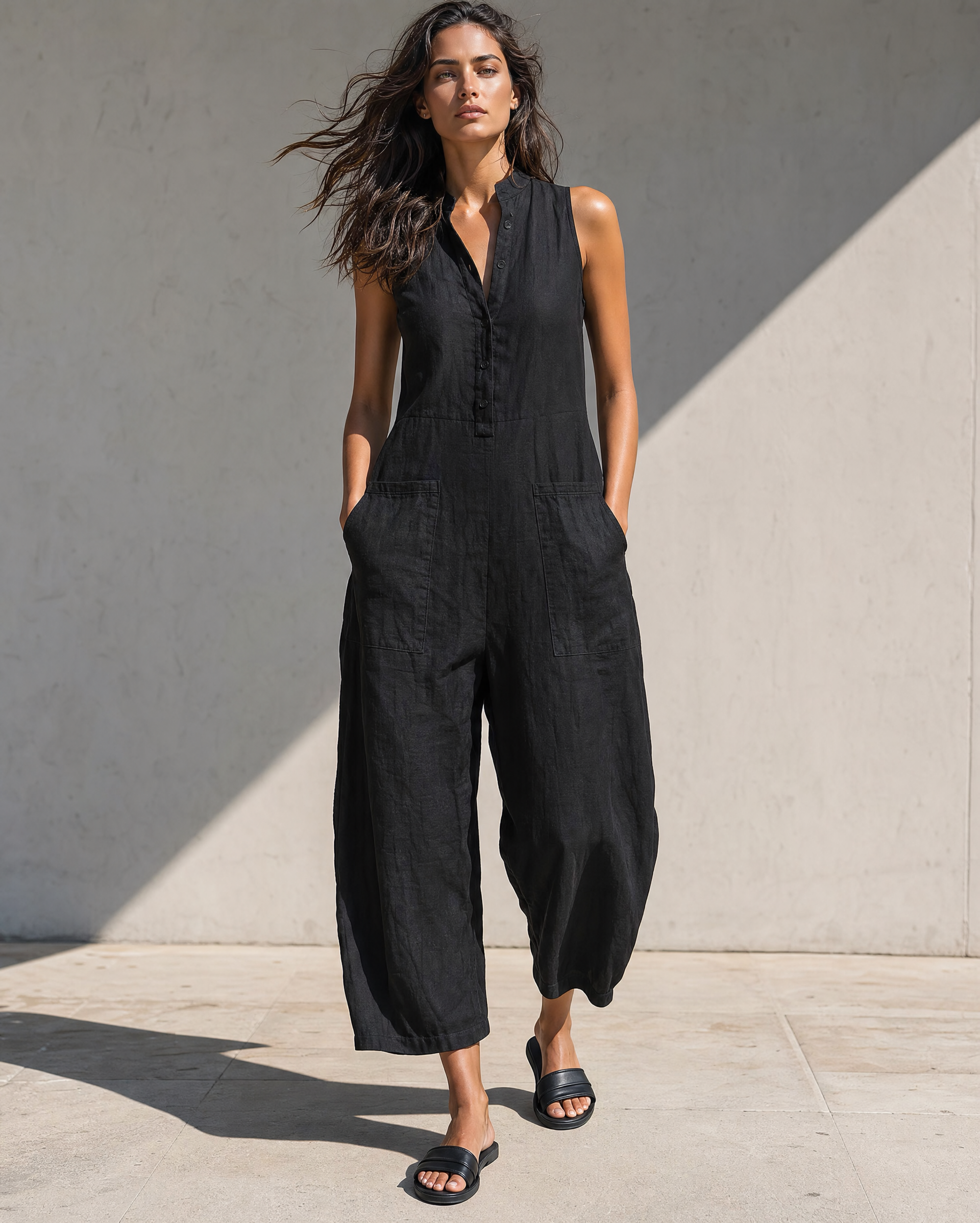 Minimalist Linen Blend Button-up Stand-collar Sleeveless Loose Jumpsuit MVA000830AA
