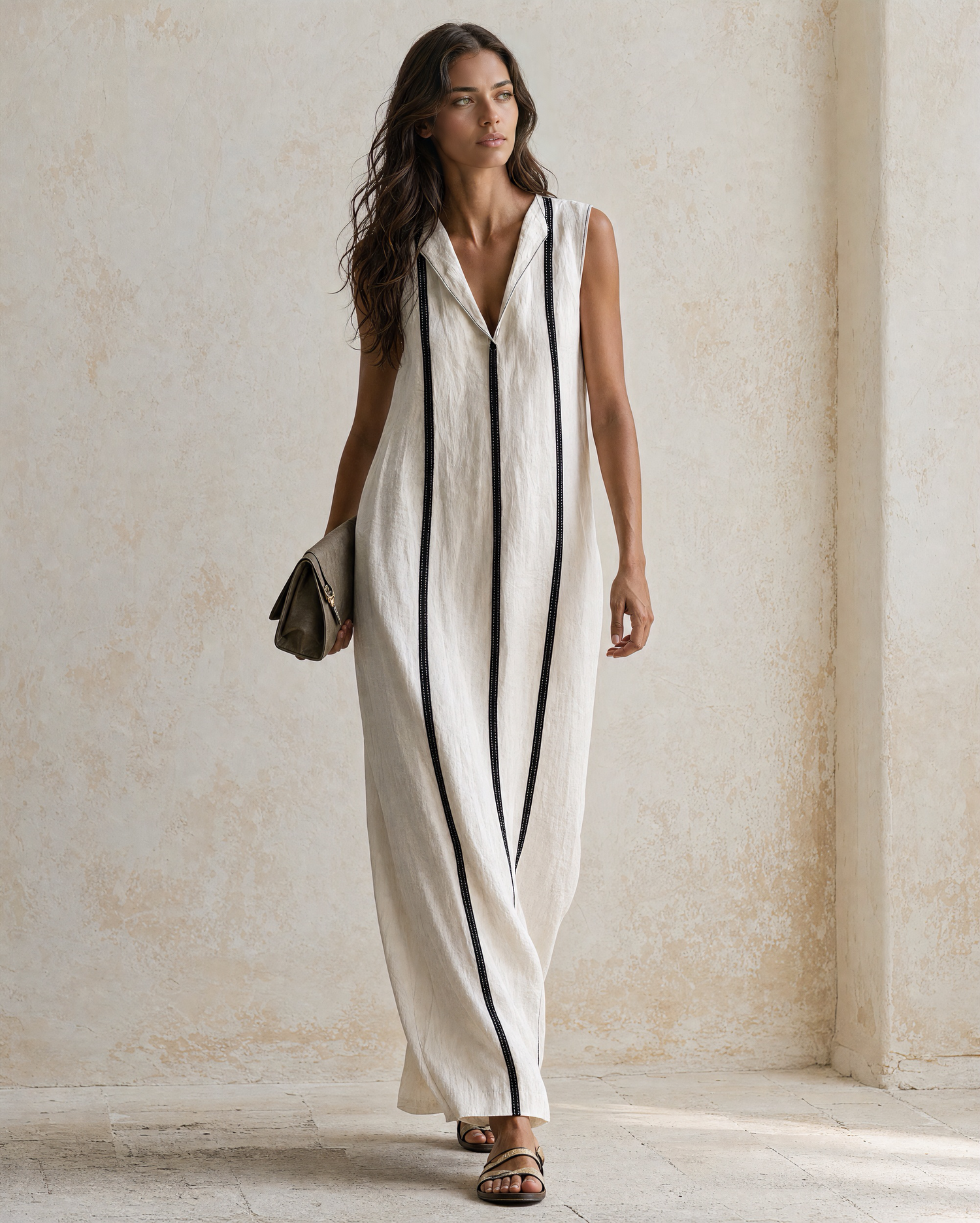 Vertical Contrast Stripe Sleeveless Lapel Linen Maxi Shift Dress MVA000850AA