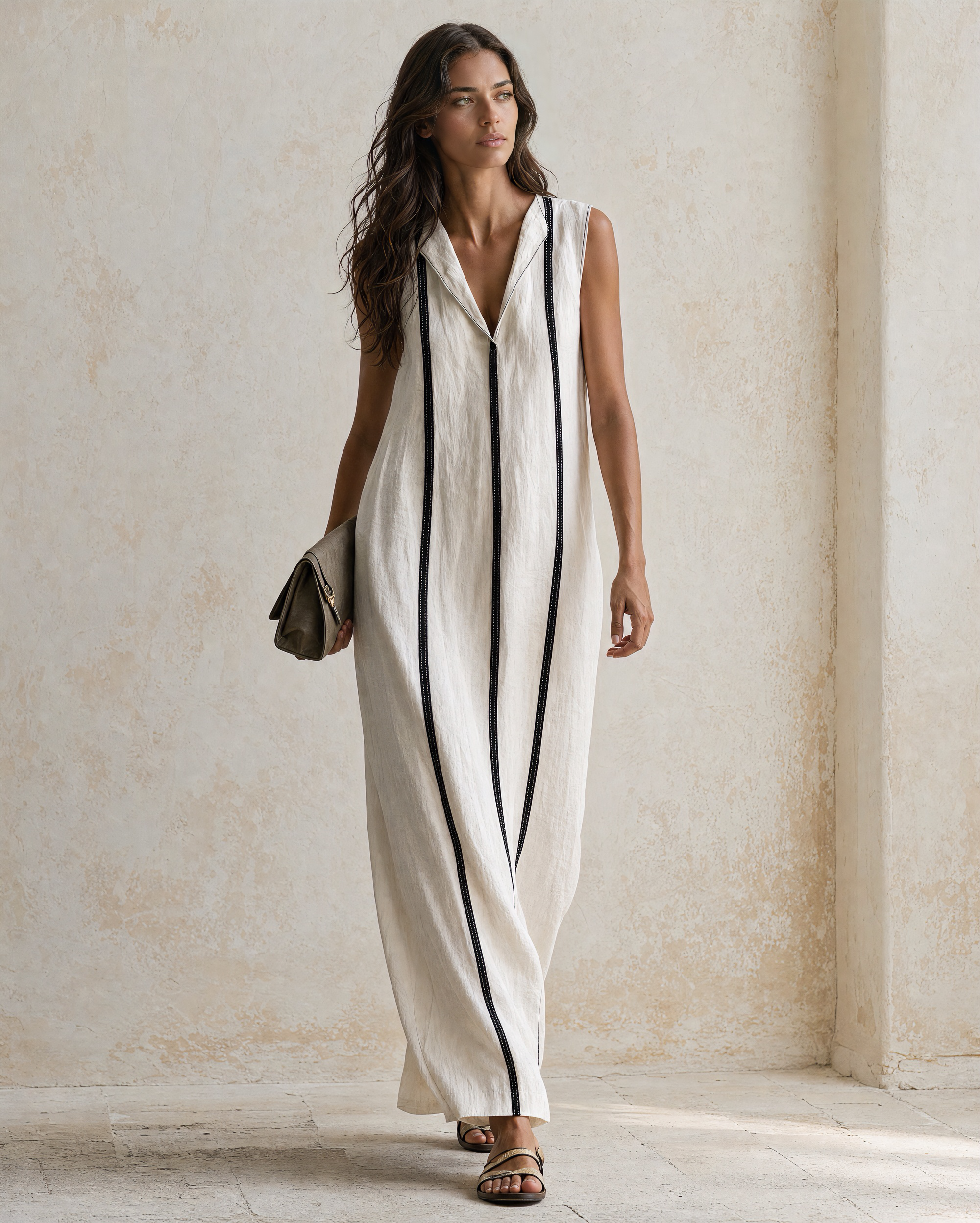 Vertical Contrast Stripe Sleeveless Lapel Linen Maxi Shift Dress MVA000850AA