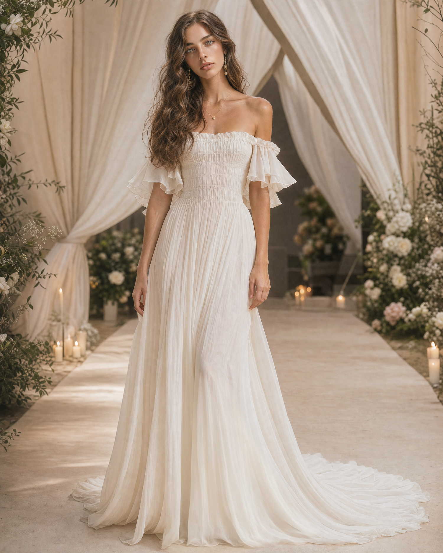 Off Shoulder Smocked Chiffon Maxi Gown Ruffle Flutter Sleeve Flowy Evening Dress With Train MVA000860AA