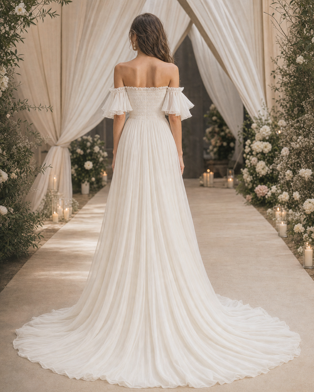 Off Shoulder Smocked Chiffon Maxi Gown Ruffle Flutter Sleeve Flowy Evening Dress With Train MVA000860AA