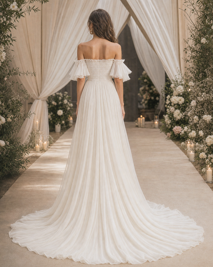 Off Shoulder Smocked Chiffon Maxi Gown Ruffle Flutter Sleeve Flowy Evening Dress With Train MVA000860AA