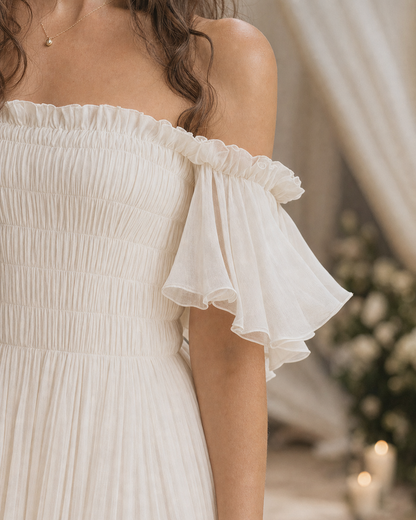 Off Shoulder Smocked Chiffon Maxi Gown Ruffle Flutter Sleeve Flowy Evening Dress With Train MVA000860AA