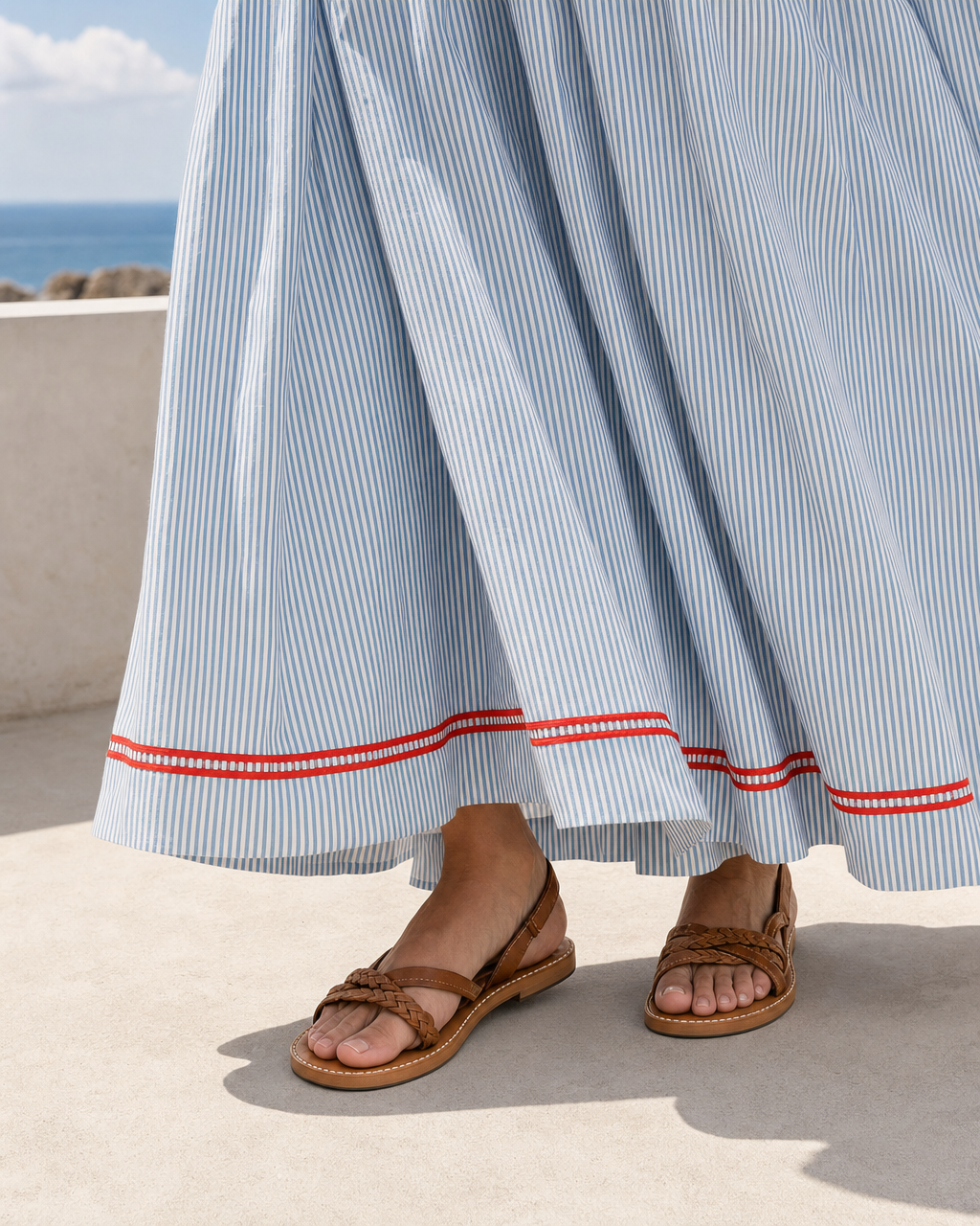 Blue White Stripe Red Trim Spaghetti Strap Maxi Dress Pocket Casual Vacation Dress MVA000870AA