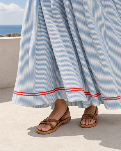 Blue White Stripe Red Trim Spaghetti Strap Maxi Dress Pocket Casual Vacation Dress MVA000870AA