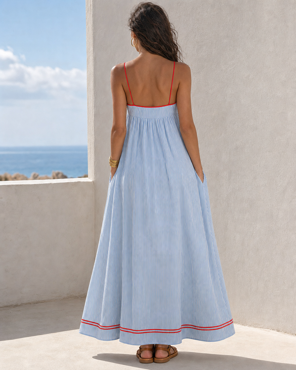 Blue White Stripe Red Trim Spaghetti Strap Maxi Dress Pocket Casual Vacation Dress MVA000870AA