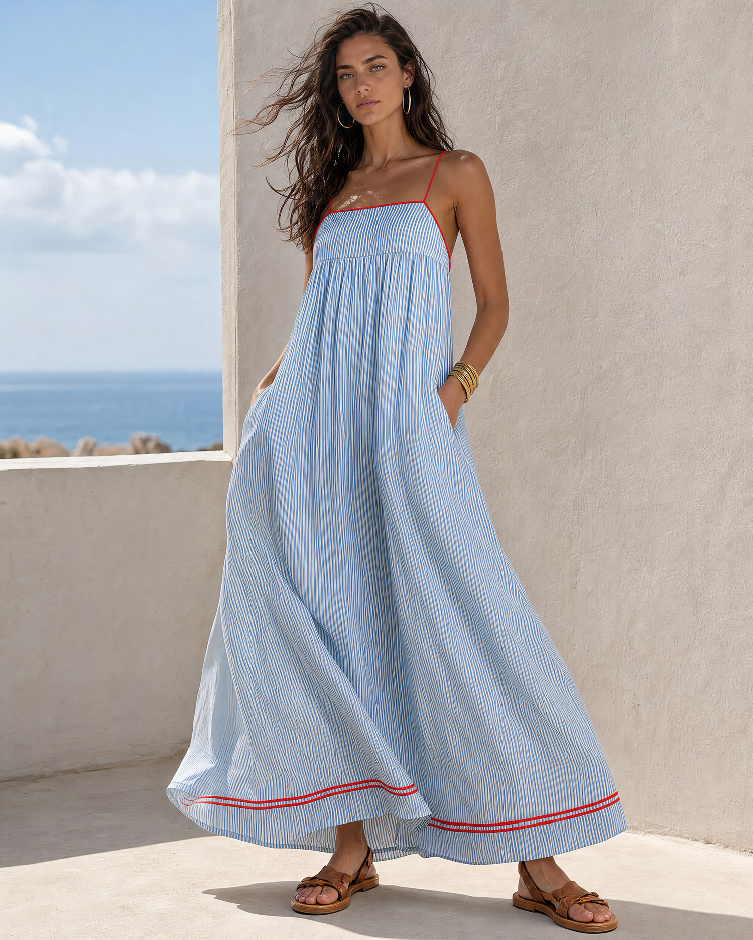 Blue White Stripe Red Trim Spaghetti Strap Maxi Dress Pocket Casual Vacation Dress MVA000870AA