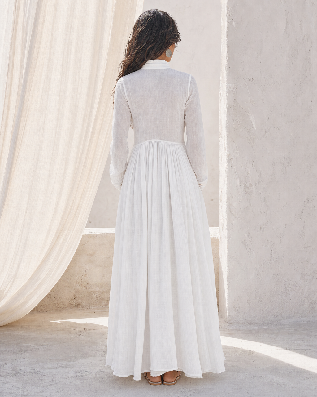 Boho White Stand Collar Pin Tuck Long Sleeve Shirt Maxi Dress Pocket Linen Blend Casual Dress MVA000880AA