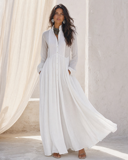 Boho White Stand Collar Pin Tuck Long Sleeve Shirt Maxi Dress Pocket Linen Blend Casual Dress MVA000880AA