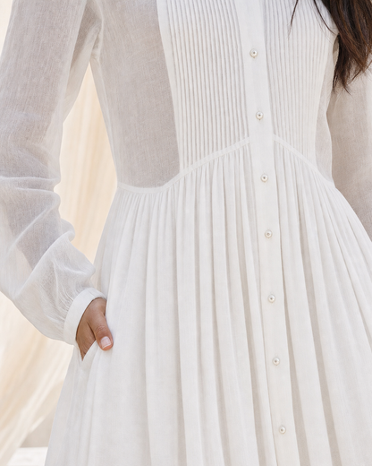 Boho White Stand Collar Pin Tuck Long Sleeve Shirt Maxi Dress Pocket Linen Blend Casual Dress MVA000880AA