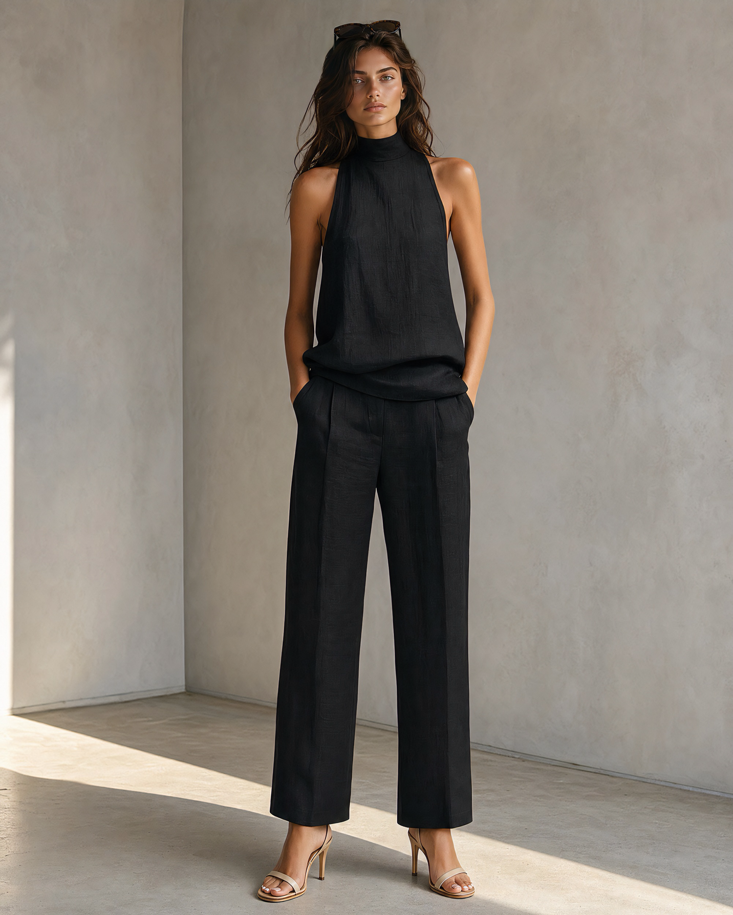 Black Mock Neck Halter Sleeveless Top High Waist Straight Wide Leg Trouser Casual Business Two Piece Set MVA000890AA