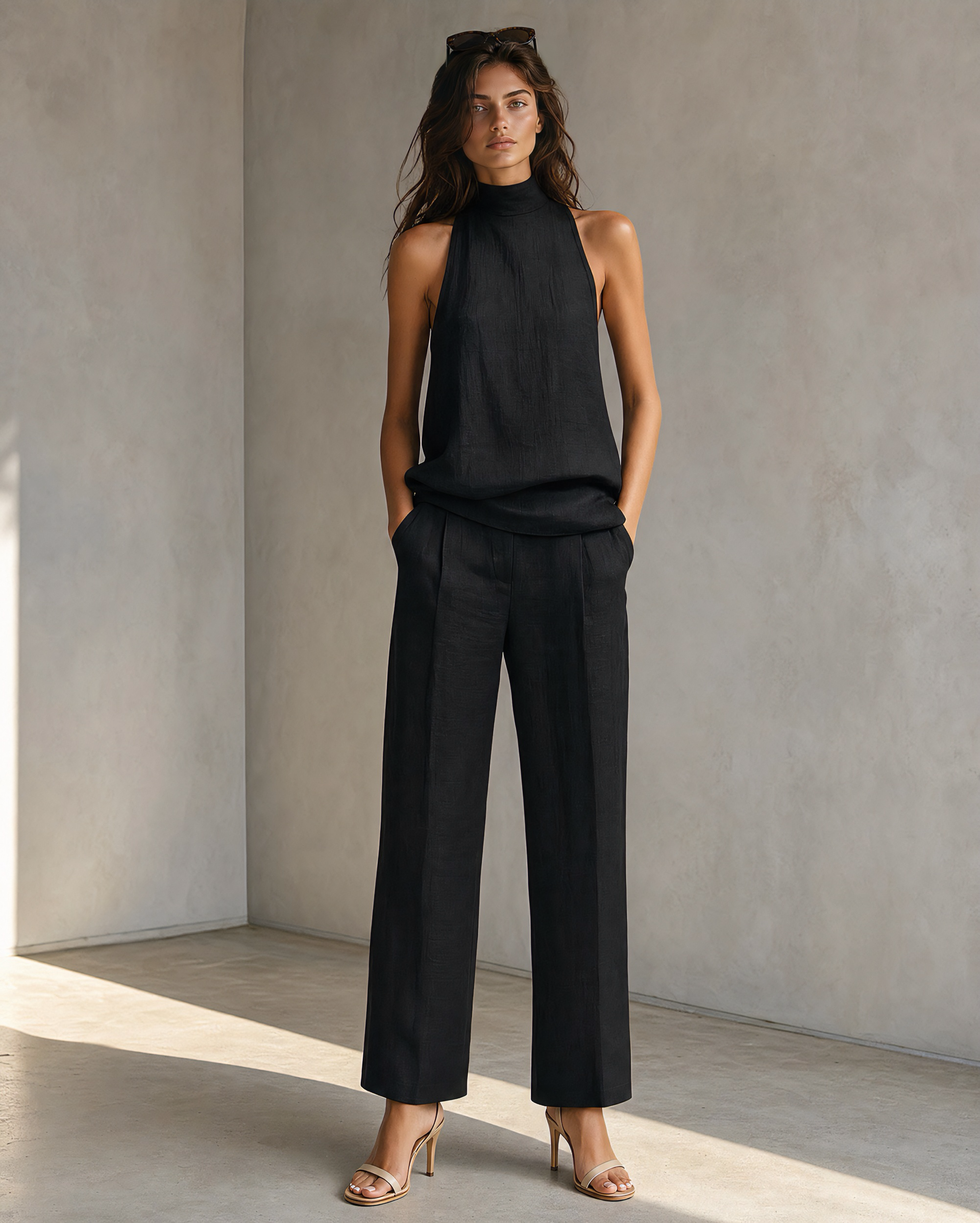 Black Mock Neck Halter Sleeveless Top High Waist Straight Wide Leg Trouser Casual Business Two Piece Set MVA000890AA