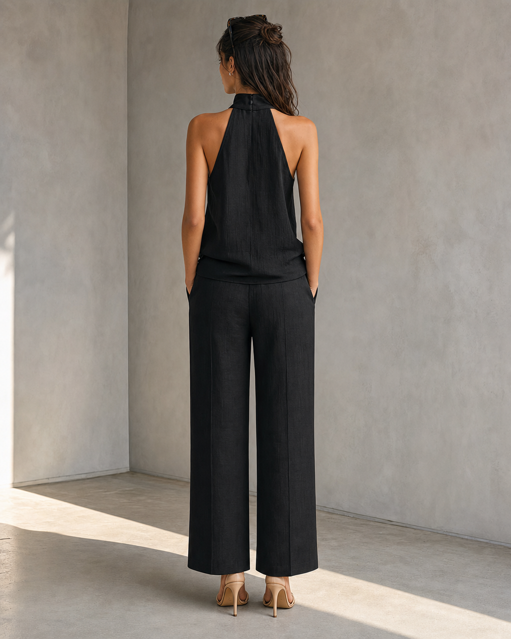 Black Mock Neck Halter Sleeveless Top High Waist Straight Wide Leg Trouser Casual Business Two Piece Set MVA000890AA