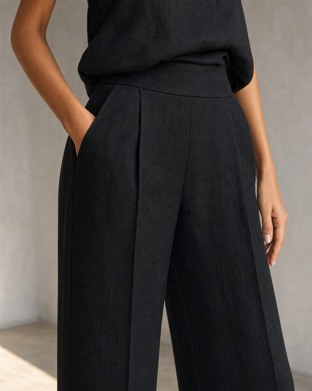 Black Mock Neck Halter Sleeveless Top High Waist Straight Wide Leg Trouser Casual Business Two Piece Set MVA000890AA