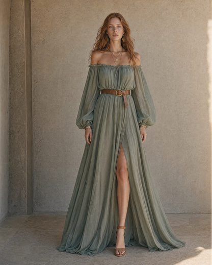 Boho Sage Green Off Shoulder Balloon Long Sleeve Belted Slit Train Maxi Dress MVA000900AA