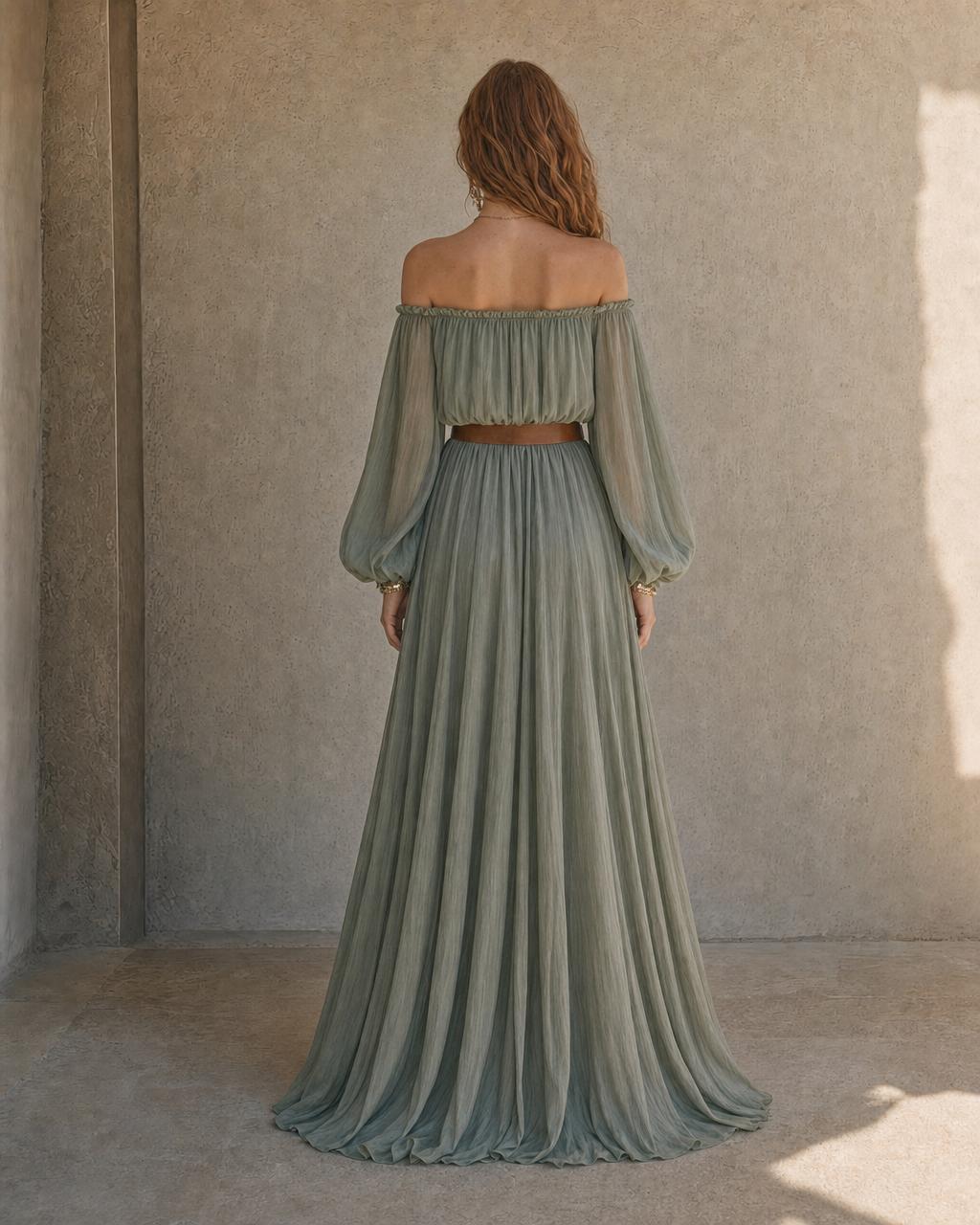 Boho Sage Green Off Shoulder Balloon Long Sleeve Belted Slit Train Maxi Dress MVA000900AA