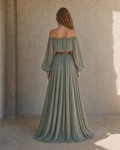 Boho Sage Green Off Shoulder Balloon Long Sleeve Belted Slit Train Maxi Dress MVA000900AA