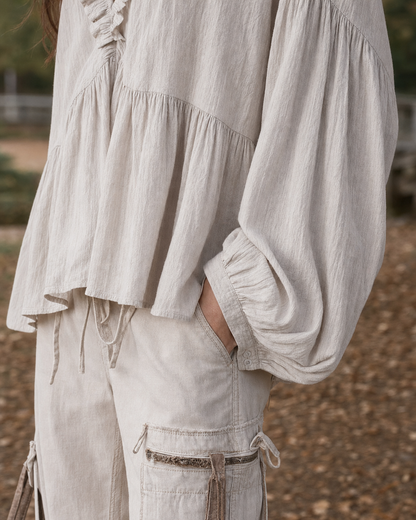 Boho Cream Woven Ruffle-trim V-neck Long-sleeve Blouse MVA000920AA